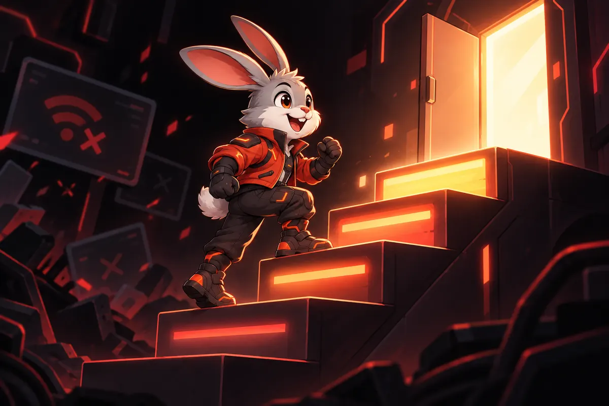Thỏ gamer leo thang 4 bậc sáng dần tới cánh cửa mở, minh họa sửa lỗi kết nối Steam từng bước