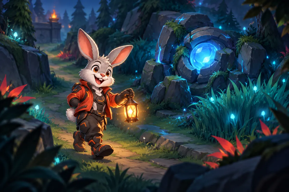 Thỏ gamer cầm đèn lồng đi qua rừng jungle trên bản đồ MOBA cách điệu