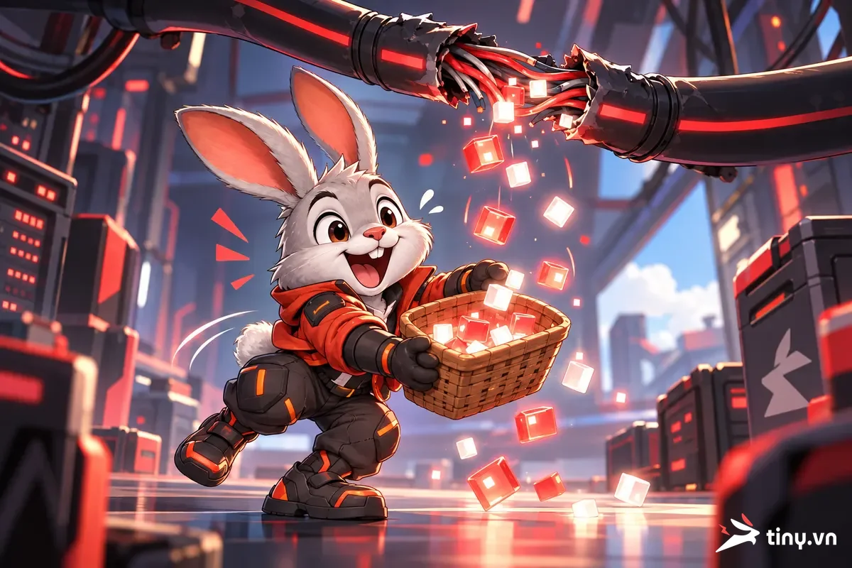 Thỏ gamer nhặt các khối dữ liệu rơi từ sợi cáp bị thủng, minh họa hiện tượng mất gói tin packet loss