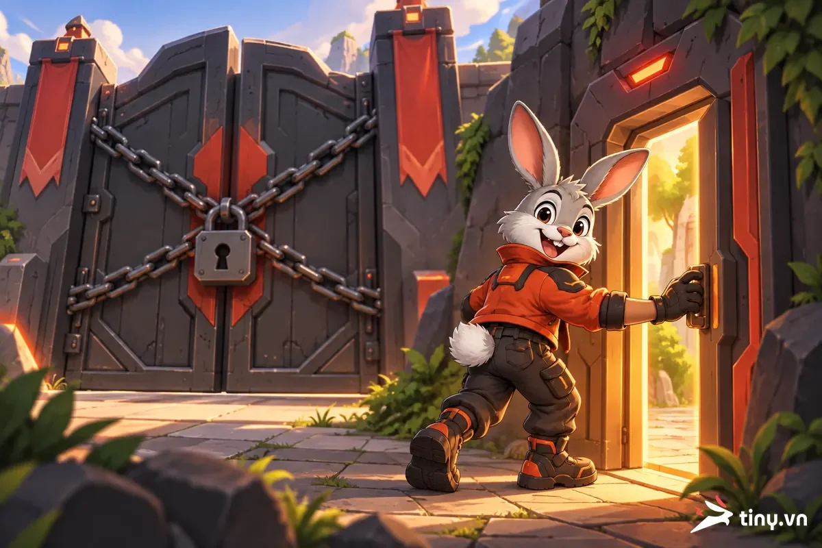 Thỏ gamer mở cánh cửa phụ sáng đèn bên cạnh cổng chính bị xích, minh họa lối vào thay thế khi Steam bị chặn