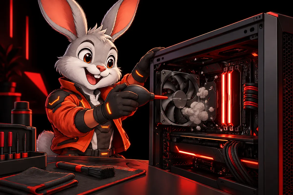 Thỏ gamer xịt bụi quạt tản nhiệt, các thanh RAM sáng lên sau khi bảo dưỡng